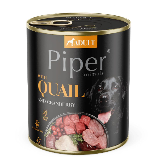 Piper Adult Dog - Пълноценна консервирана храна за израснали кучета с месо от пъдпъдък и боровинки, 800гр